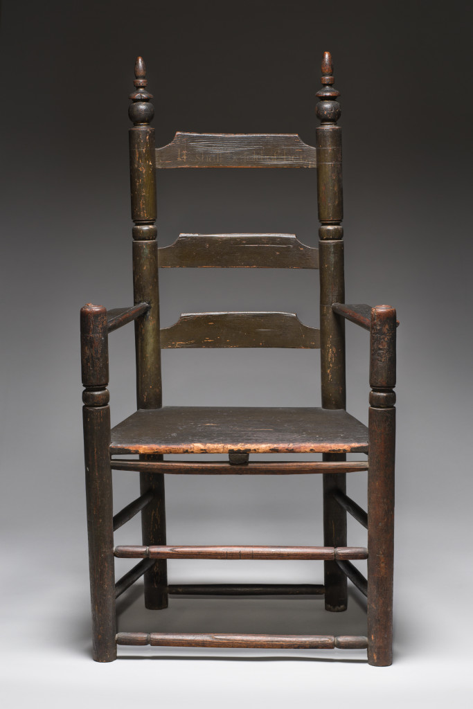 Turned great chair owned by Philip and Mary English, circa 1674, attributed to Samuel Beadle Jr (U.K./Salem, Mass.,1643-1706). Oak and pine. Gift of Mary R. Crowninshield, 1908.