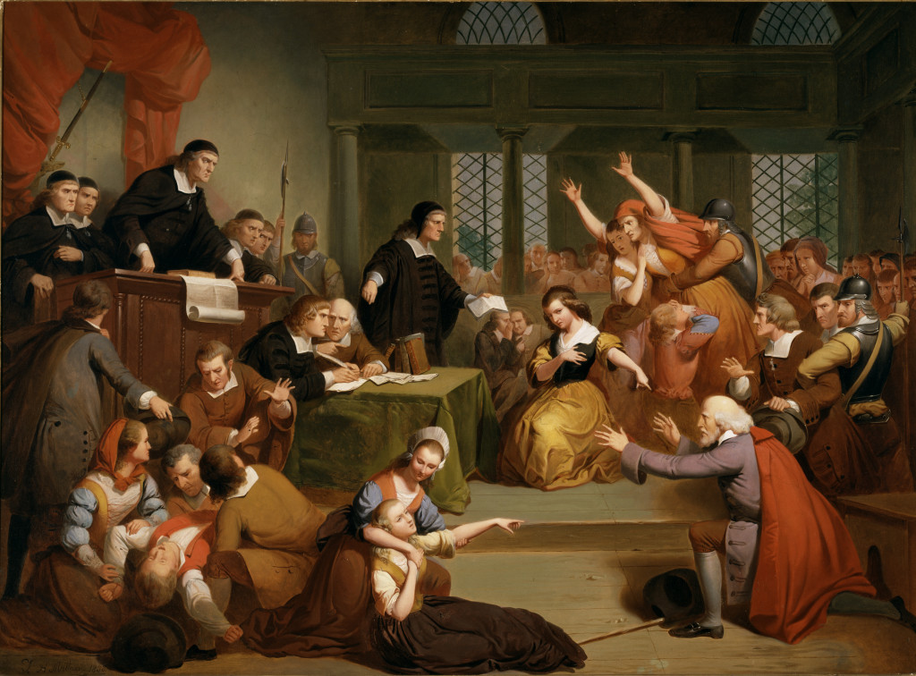 Curators described this painting on the wall placard, “Tompkins Harrison Matteson summarizes in one scene a number of dramatic incidents that occurred during the days of George Jacobs Sr’s examination and trial. Most of the action focuses on the dramatic moment when his own granddaughter, Margaret, testified against him. Placed in the center of the painting, she kneels and points her finger directly at her grandfather, who responds by pleading his innocence with upraised arms. The other dominant figure, the woman lunging forward, may represent Margaret’s mother, Rebecca, who was also arrested. The judge standing before Margaret holds a letter in one hand while pointing with the other to documents on the clerk’s table. This gesture might reference the letter Margaret gave the court recanting her earlier testimony, which came too late to save her grandfather from the gallows.” “Trial of George Jacobs, Sr. for Witchcraft” by Tompkins Harrison Matteson (New York, 1813-1884), 1855. Oil on canvas. Gift of R.W. Ropes, 1859.