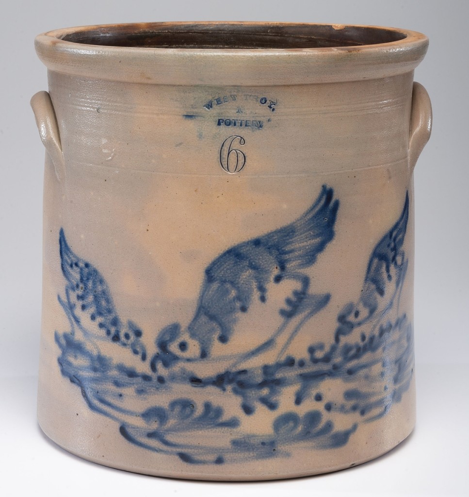 Property from the estate of Jack Batdorff was offered in both sessions, with 22 of the better pottery lots crossing the block on the first day. Leading that selection was this West Troy, N.Y., 6-gallon stoneware crock decorated with three pecking birds. It brought $10,000 against an estimate of $1,5/2,500.
