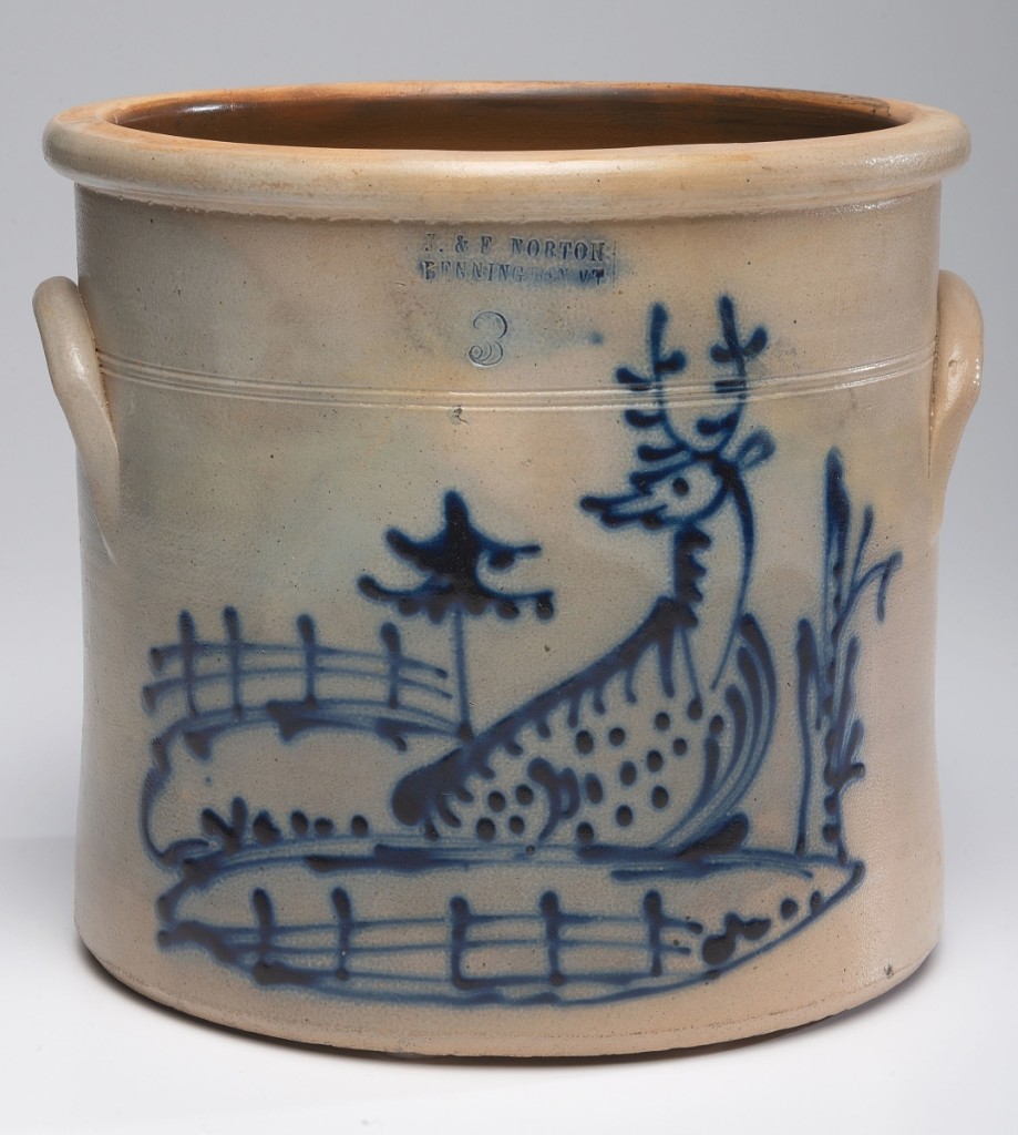 This J&E Norton stoneware 3-gallon crock with cobalt decoration of a reclining deer was also from the Batdorff estate; bidders gave chase and the piece finally came to rest at $6,250 ($800-$1,000).