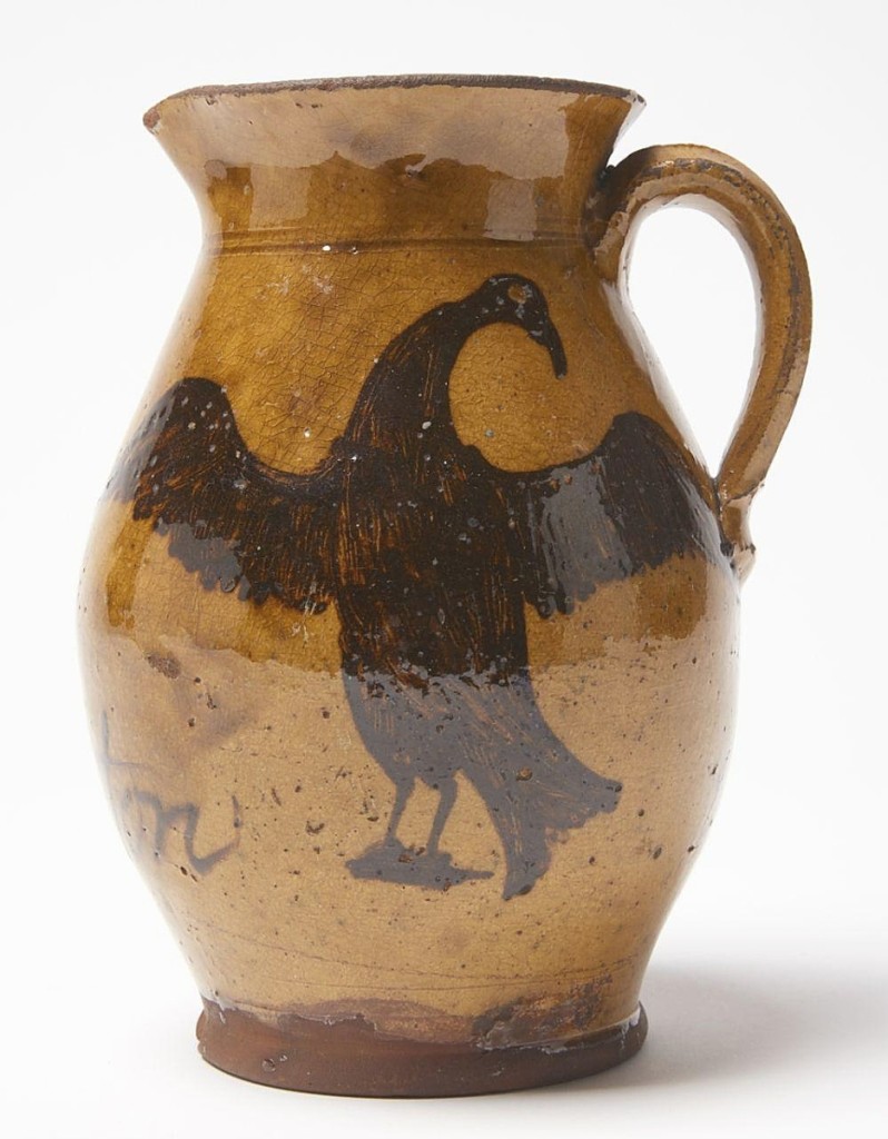 For early redware, look no further than this American pitcher with eagle decoration that was inscribed “Clinton Ware” and attributed to John Betts Gregory of Oneida County, circa 1820. It finished at $10,625 ($15/25,000).