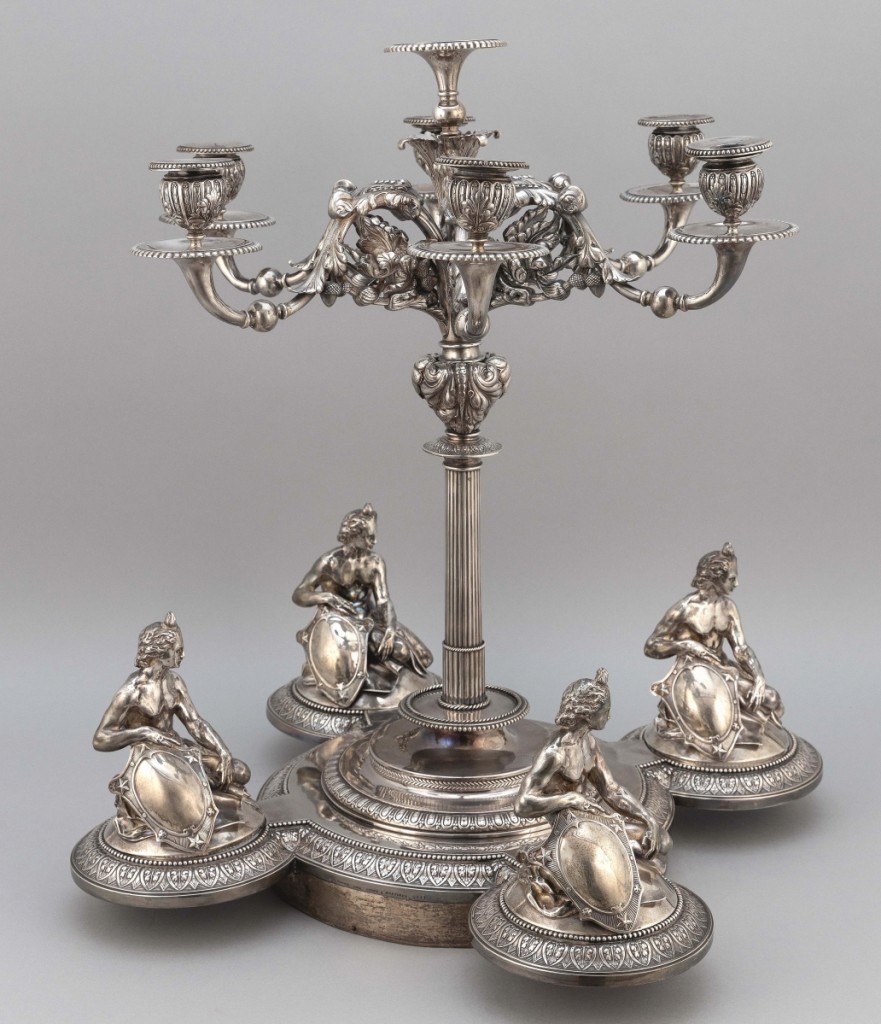 This John Hunt and Robert Roskell-made Victorian Neoclassical sterling silver candelabrum centerpiece, London, 1870, sold for $7,500 on a $1/1,500 estimate. Leah Kingman, head of the firm’s silver department, said it was a surprising find, coming out of a house on Cape Cod that otherwise had silverplate instead of sterling.
