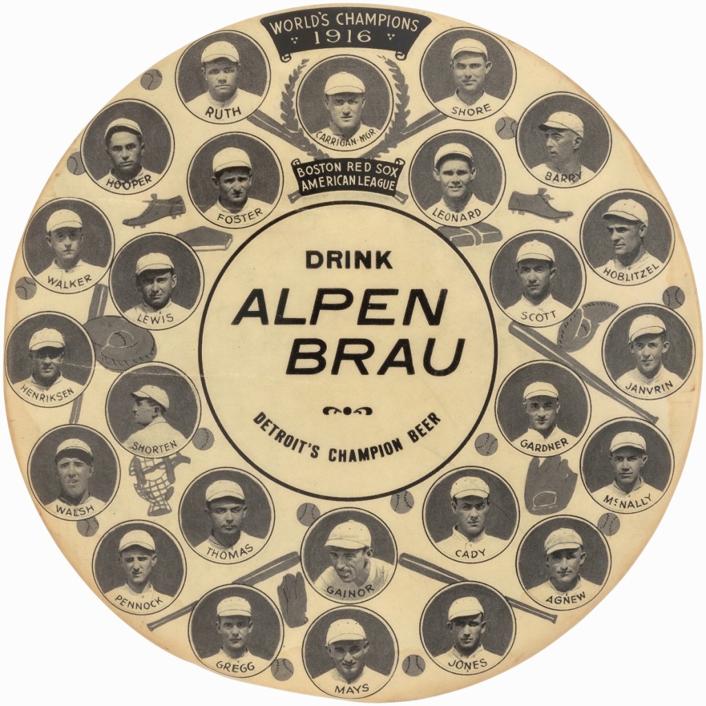 The current auction record of $62,980 was recently set at Hake Auctions for this example, the only known 6-inch diameter oversized celluloid button to picture individually the 1916 World Series winning team members of the Boston Red Sox.