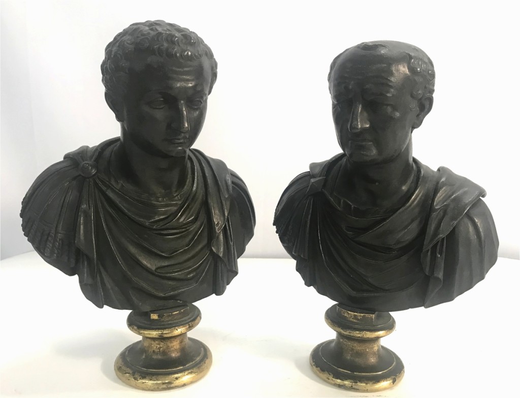 A surprise in the sale came in the form of a pair of Grand Tour bronze busts of Vespasian and Titus, father and son Roman emperors who established the Flavian dynasty. Estimated just $300/500 and from the Hyde Hall consignment, the pair went out at $18,750.