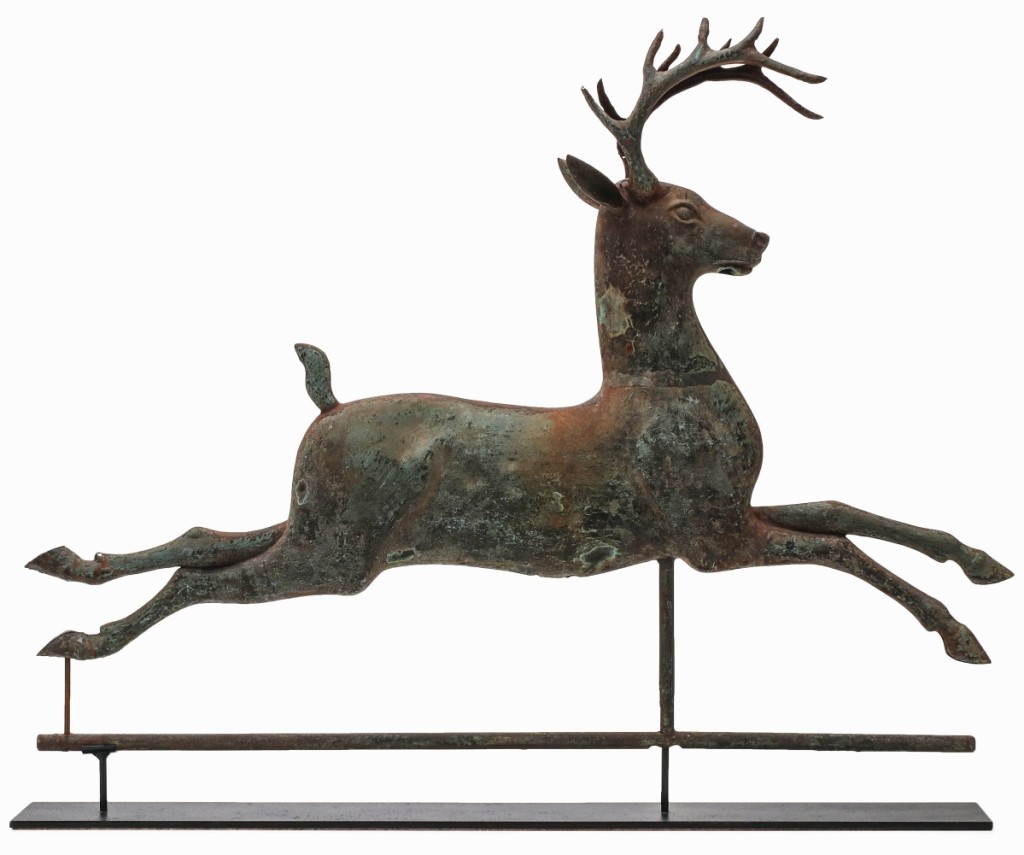 Leading all weathervanes was this running stag attributed to J.W. Fiske, which leapt to quadruple estimate for $21,470. Seven phone bidders competed on it and they all lost.