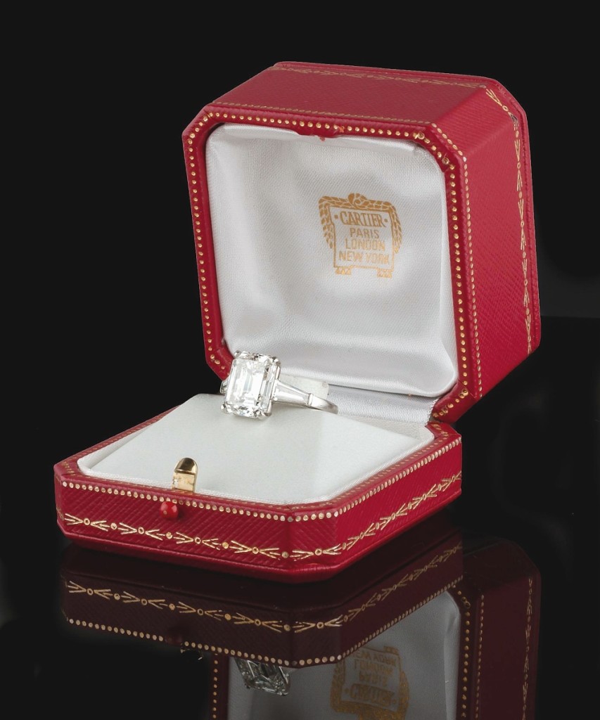 This Cartier 7.55-carat diamond and platinum ring was priced to sell at $125/175,000 and it did, bringing $294,000 from a phone bidder.