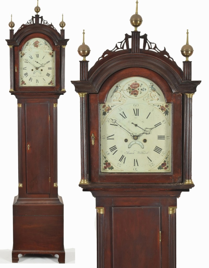 Simon Willard’s circa 1790 mahogany tall case clock led the American furniture lots, earning $8,925. The case had some defects but the clock was cataloged as being in running condition.