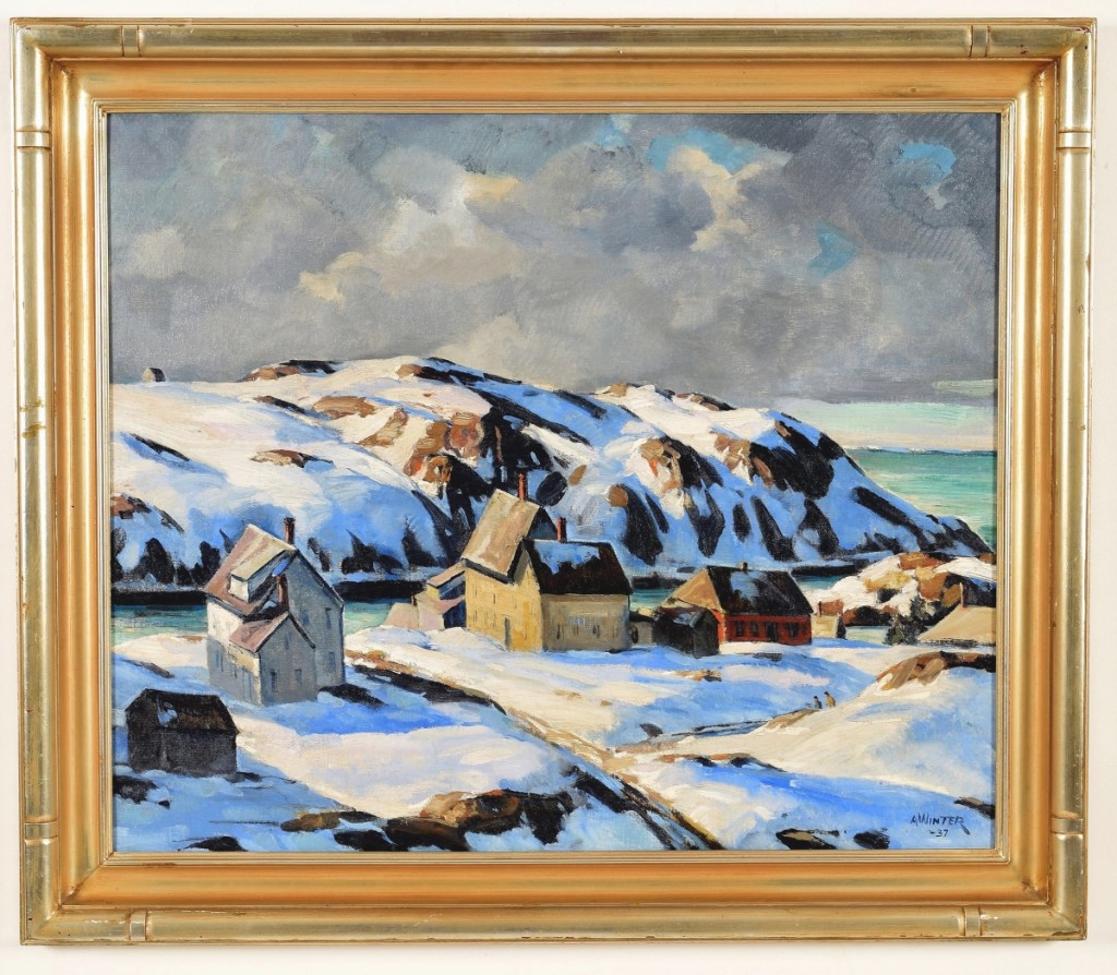 Brett Downer said his favorite item in the sale was “Blue Snow,” a scene on Monhegan Island in winter by Andrew Winter. It was the highest priced item in the sale, finishing at $22,610.