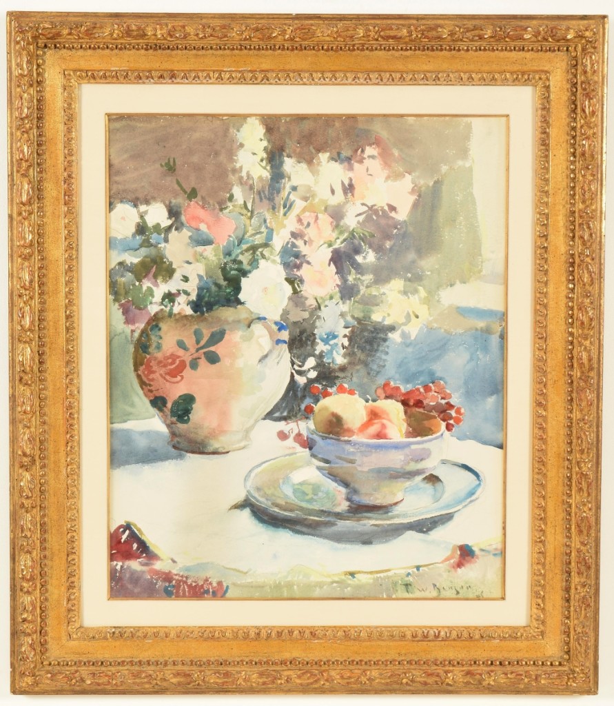 Still life paintings by Frank W. Benson are uncommon. He is better known for portraits and wildlife art. This watercolor of flowers and fruit realized $6,545.