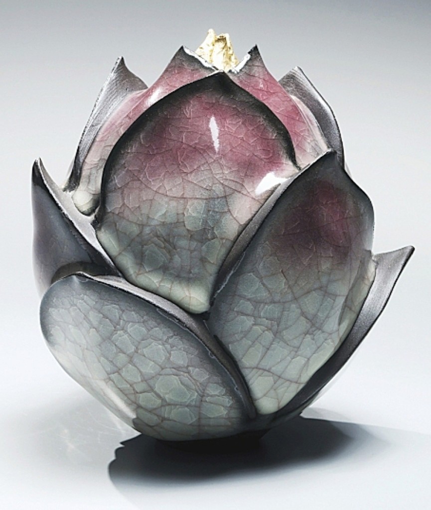 Gray-blue craquelure celadon-glazed lotus-shaped form tipped with gold by Wakao Kei. “Fathers and Sons” exhibition at Joan B Mirviss Ltd., New York City.