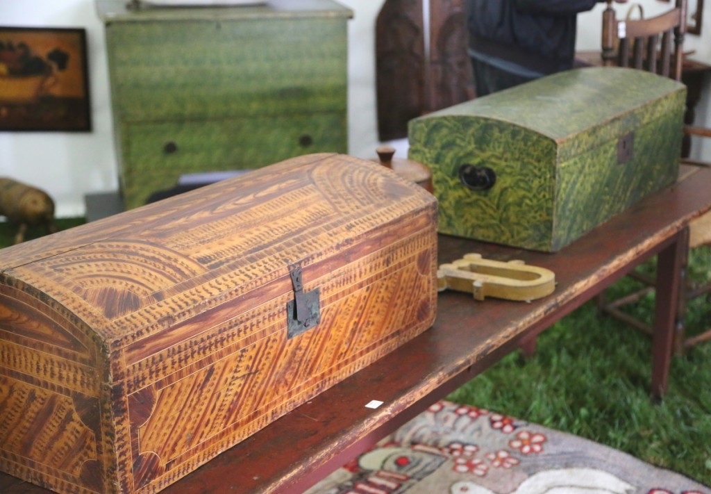 Pick a color. The brown/gold example seen left is a Shaftsbury, Vt., work from Thomas Madison while the example painted green seen right is from New Hampshire. Stephen-Douglas Antiques, Rockingham, Vt., and Walpole, N.H. —Antiques At Fletcher Fields