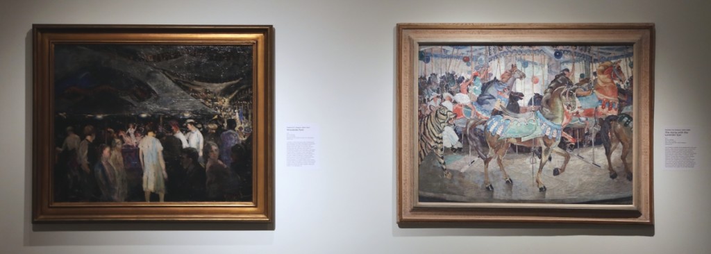 Left, “Woodside Park” by Frederick R. Wagner (1860-1940). Right, “The Horse with the Lavender Eye” by Paulette Van Roekens (1896-1988).