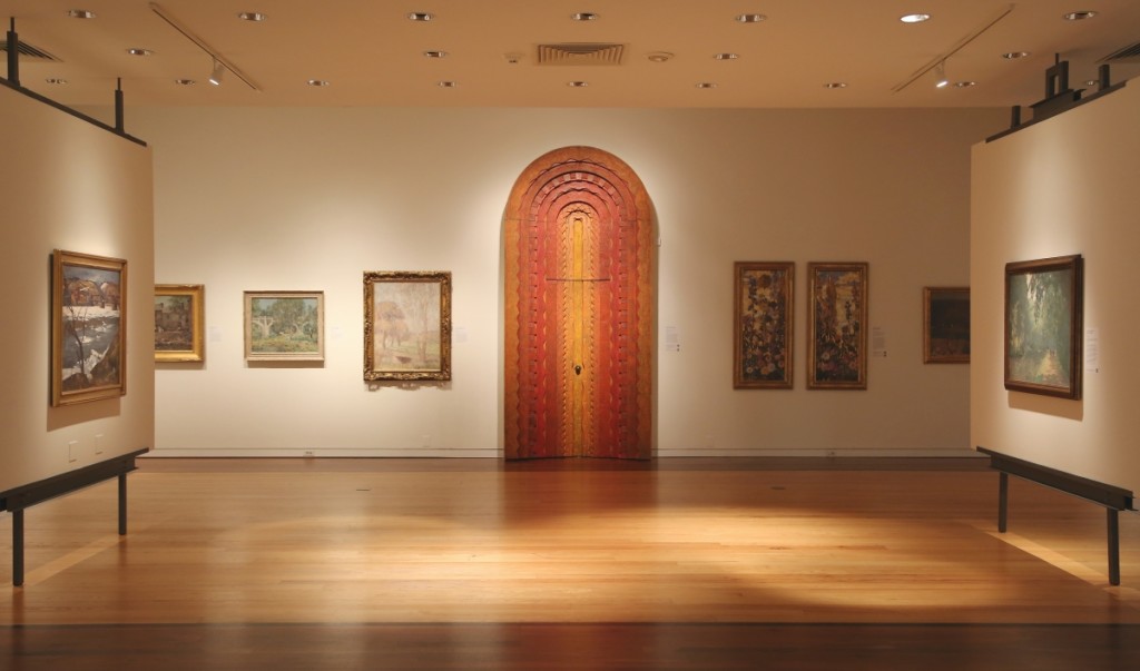 Phillip Lloyd Powell’s carved and polychromed door and surround is among the finest pieces of design in the museum’s collection. Curators wrote that Powell was likely inspired by Moorish horseshoe arches that he saw while traveling in Spain and Morocco.