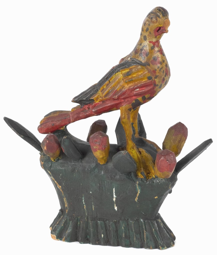 Two Wilhelm Schimmel (1817-1890) carved birds were offered from the Bissells. This unusual painted eagle on a nest, a rare form for Schimmel with very few known similar examples, brought the top price, selling for $34,160.