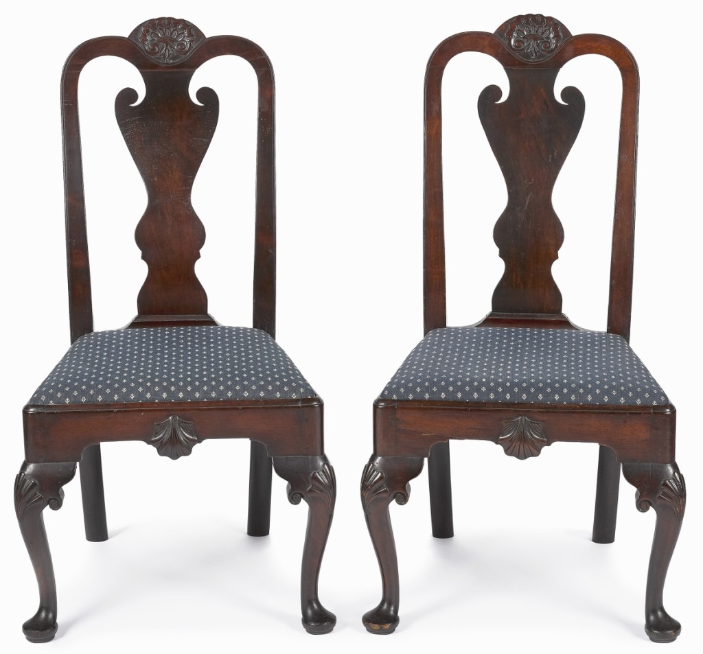 Also from the Bissell collection, a pair of Philadelphia Queen Anne transitional mahogany dining chairs, circa 1765, similarly blew away its $4/7,000 estimate to finish at $52,500. Each featured a cabochon carved crest rail, shell carved seat rail, knees and cabriole legs, terminating in pad feet.