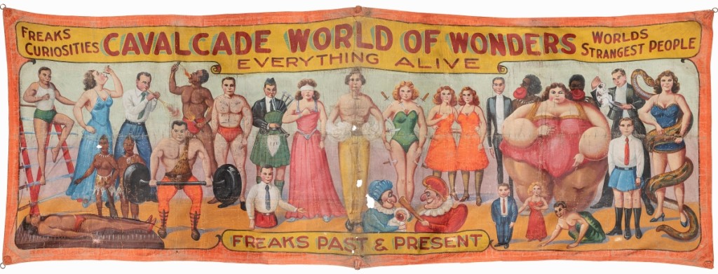 “Cavalcade of Wonders. Freaks Past & Present,” an enormous entrance-type sideshow banner on painted canvas, circa 1930s-40s, was the sale’s top lot, finishing at $28,800, a world auction record for its type.