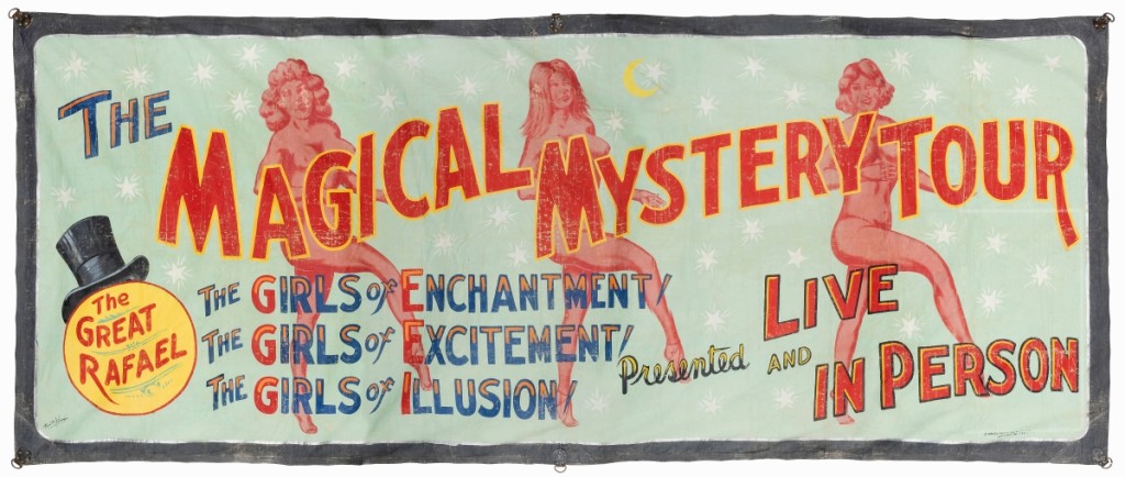 Fred Johnson’s enormously scaled sideshow banner, “Magical Mystery Tour Girls,” produced in Chicago by O’Henry Tent & Awning in the 1940s, was bid to $4,800.