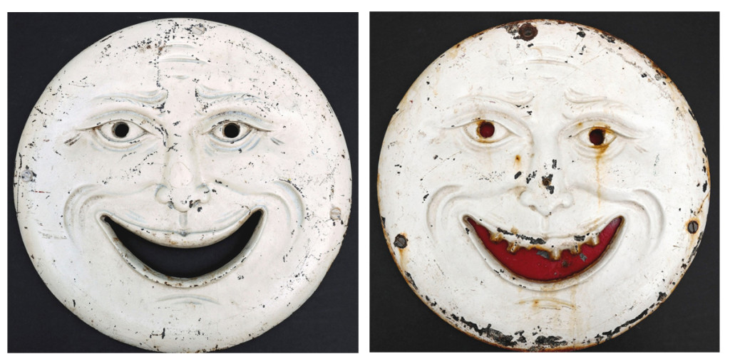 Which moon is better: the example with or without teeth? The answer is without, as the only known H.C. Evans “Man In The Moon” target sold for $17,700. Evans’ competitor Emil Hoffmann would reproduce the form with teeth, of which only a few are known, and it would bring $8,850.