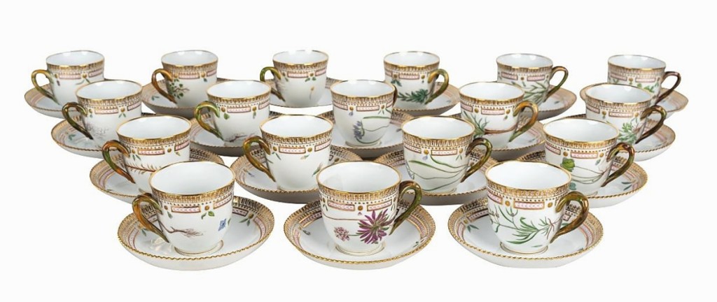 Thirty-five lots of Royal Copenhagen porcelain in the Royal Danica pattern were offered in the sale, and all sold. Highest among them was this set of 18 coffee cups with saucers, which brought $11,250. All lots combined hammered at just over $100,000.