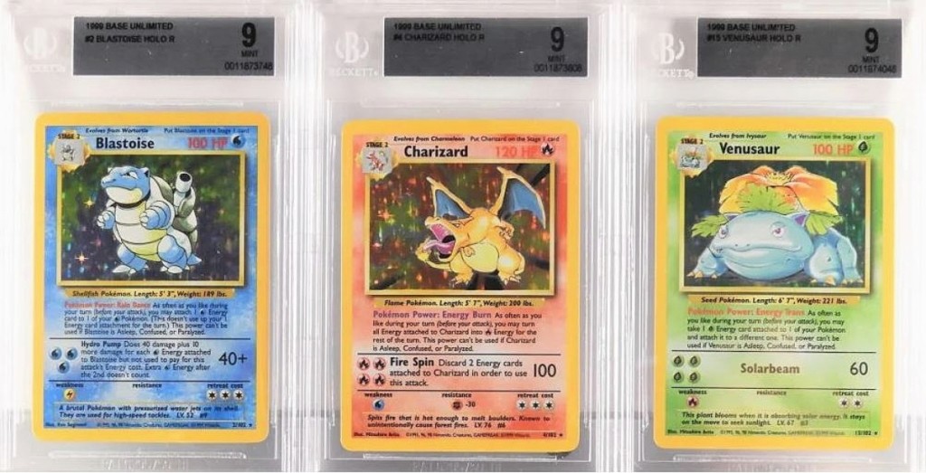 Taking top lot honors in the sale was a group of three 1999 base set cards, all graded BGS 9, including a Blastoise, Charizard and Venusaur. The group sold for $7,500.