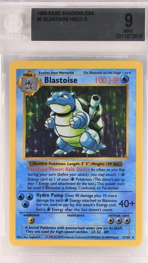 Taking the second highest lot of the sale was a 1999 base shadowless Blastoise, graded BGS 9, which sold for $5,520.