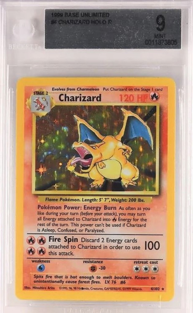 Selling for $5,160 was the king, a 1999 base unlimited Charizard with holographic background in BGS 9. Landry said that while the price is currently strong on these, the census reflects approximately 20,000 Charizards graded 9.0 or better.