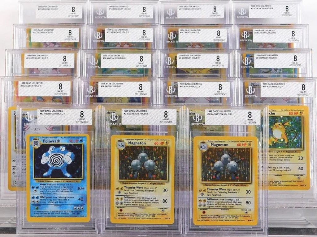 This group lot featured 19 cards from the 1999 base unlimited series, all graded BGS 8 — Blastoise, Charizard, Venusaur, Clefairy, Hitmonchan (x3), Nidoking, Chansey (x3), Ninetales, Raichu (x3), Poliwrath, Magneton (x2) and Zapdos. The lot sold for $4,440.