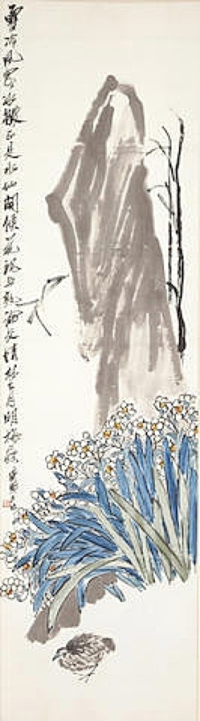 “Narcissus, Rock and Quail” by Qi Baishi (1862-1957) sold for $437,575, the top price realized in the Chinese Paintings and Works of Art sale.