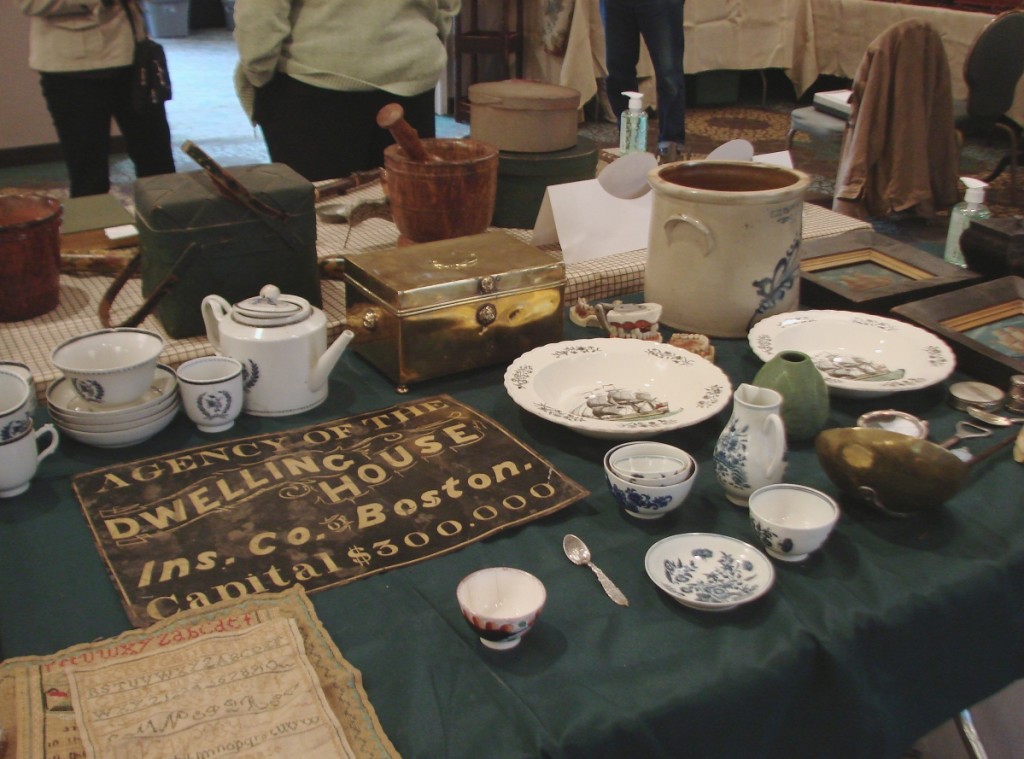 Hercules Pappachristos, Derry, N.H., brought early ceramics and textiles. He priced the insurance company sign at $375 and the pair of Liverpool shallow bowls with colorful ships at $400 for the pair.