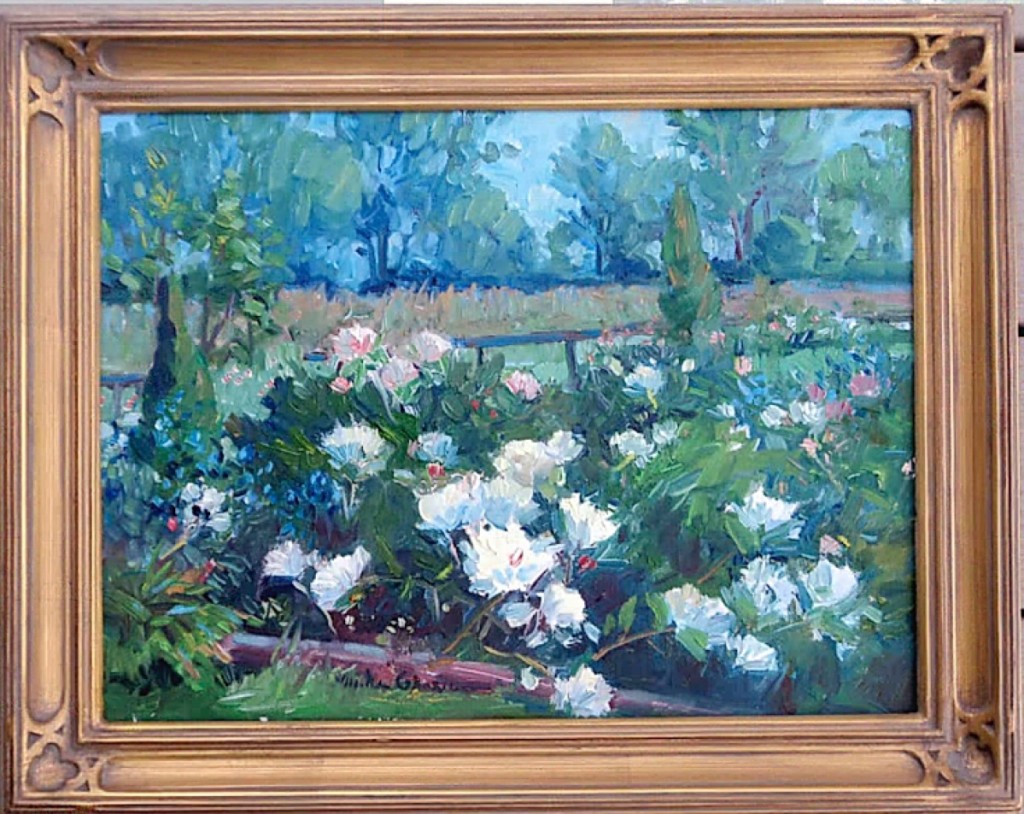 Donna Kmetz, American Paintings, Douglas, Mass., offered Michael Graves’s (b 1952) “Peonies,” an oil on canvas measuring 12 by 16 inches. Graves, a Massachusetts award-winning plein air artist, is a member of the Guild of Boston Artists, Rockport Art Association, the North Shore Art Association and Academic Artists.