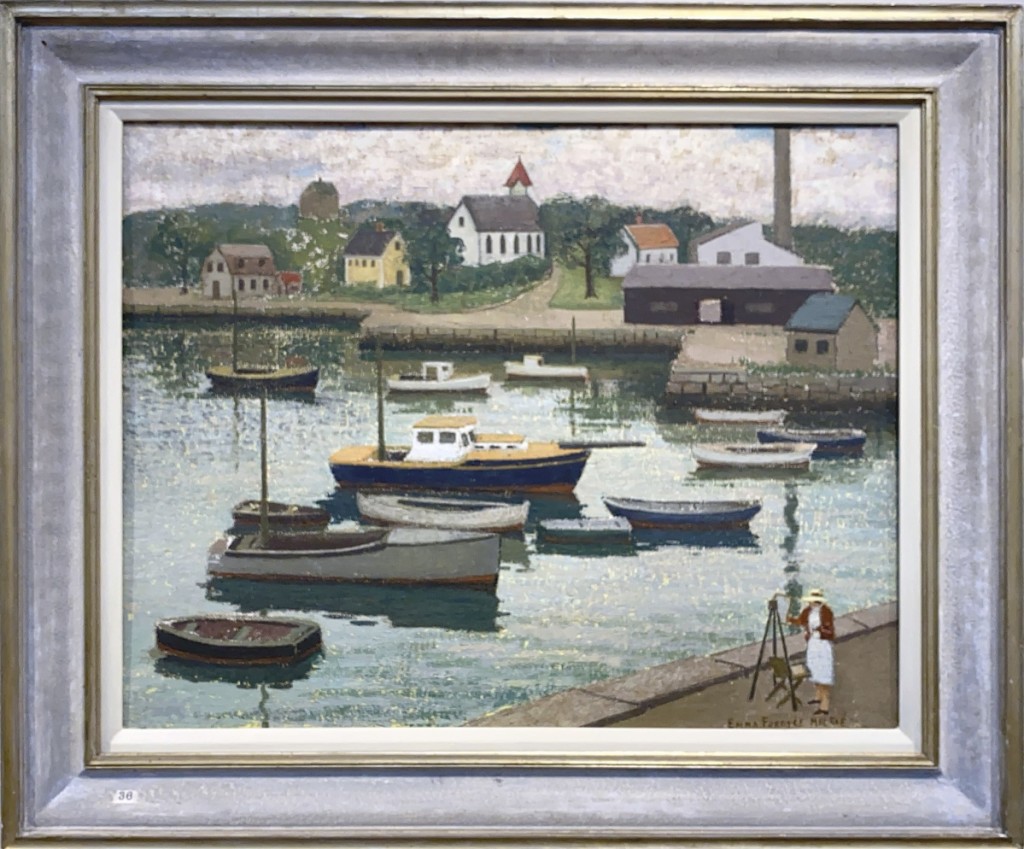 Leading the sale was “Painting at Pigeon Cove” by Emma Fordyce MacRae, which brought $11,070 from a private collector bidding online. The oil on canvas, mounted on board, measured 22 by 28 inches ($6/11,000).