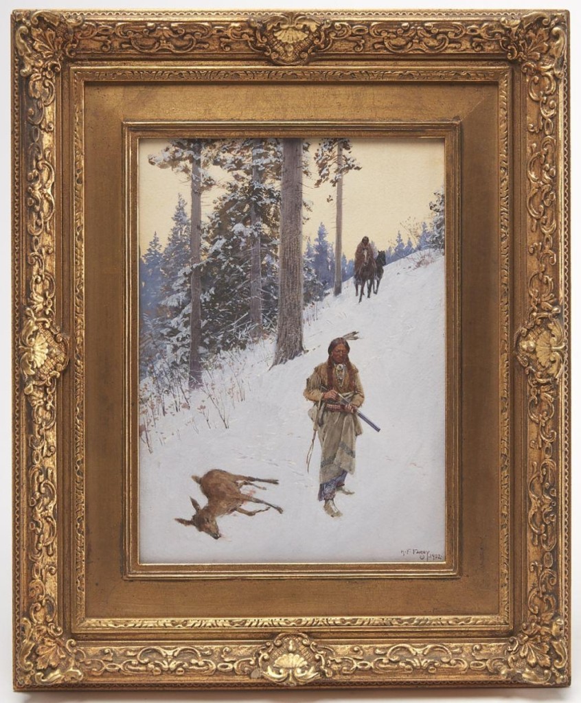 The top lot in the sale was “Native American Hunter” by Henry Farny, which brought $71,875 from the owner of a major league baseball team who was bidding on the phone and making their first purchase with New Haven Auctions. The 1902 gouache and watercolor on paper had been consigned by a descendant of the artist ($40/60,000).