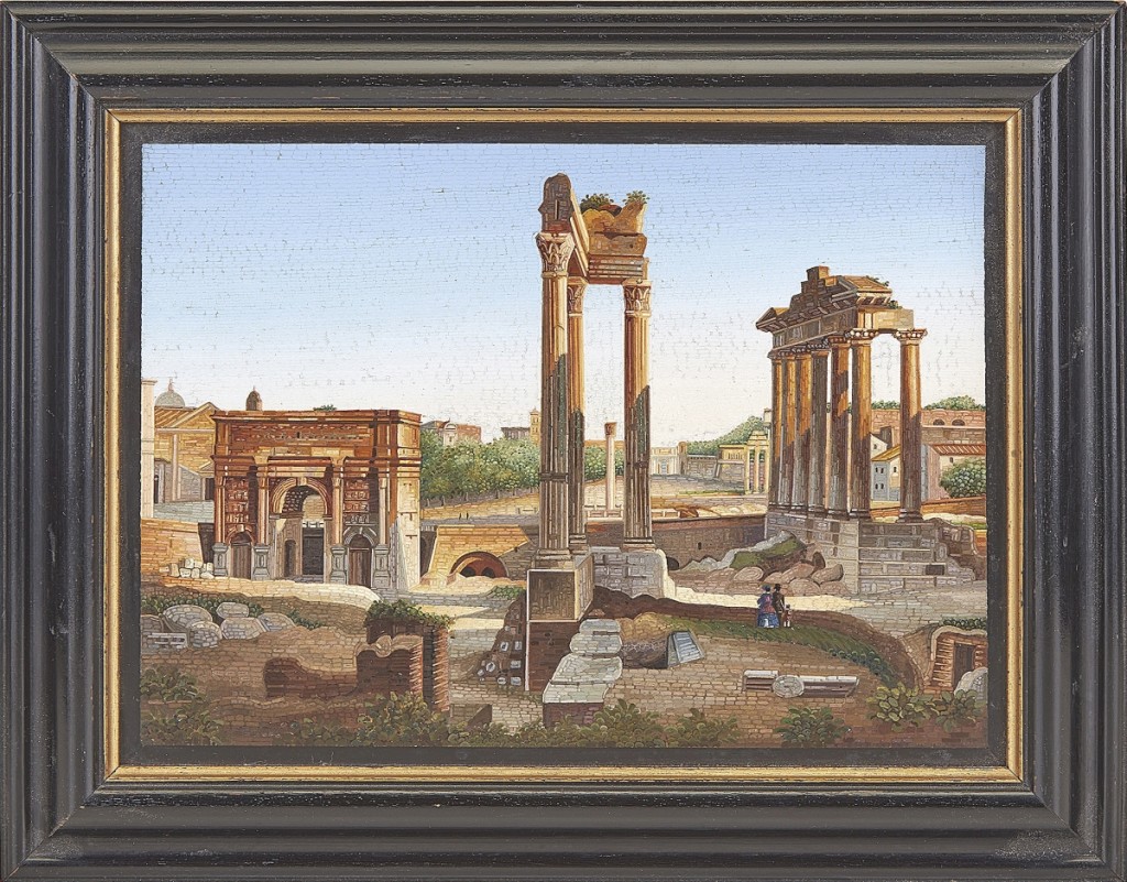 A trade buyer in the United States, bidding on the phone against several competing phone bidders, won this large Italian Grand Tour micromosaic plaque, circa 1850-60 that measured 10¾ by 13½ inches in the parcel-gilt ebonized wood frame and depicted a view of the Roman Forum. It nearly quadrupled its low estimate to sell for $15,000 ($4/6,000).