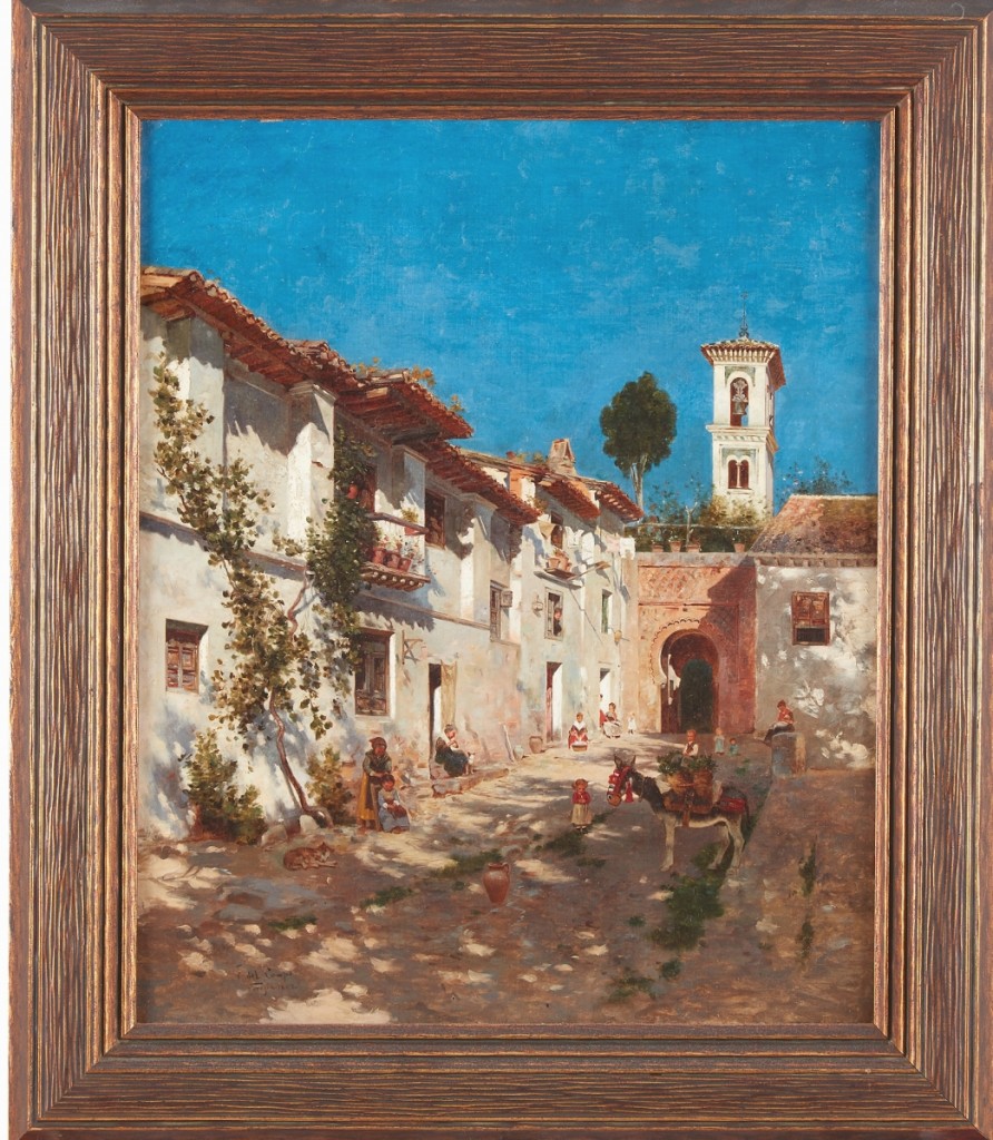 Federico del Campo’s (Peruvian, 1837-1927) “Street Scene in Venice” from 1892 sold to the same phone bidder who acquired the Grand Tour micromosaic plaque, for $15,000 ($10/15,000).