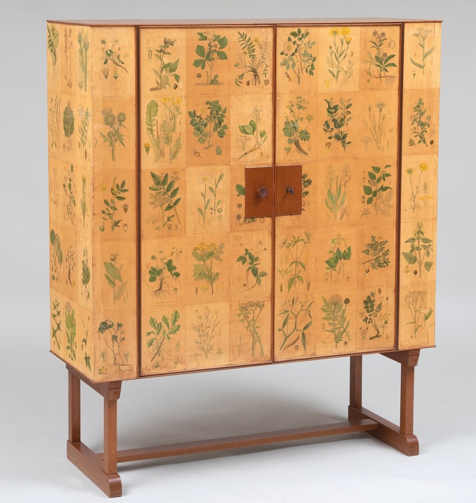 Originally located in the Gutfreunds’ country house in Villanova, Penn., and with a museum exhibition history on Swedish design, this Josef Frank (1885-1967) “Flora” printed paper and mahogany cabinet attained an above-estimate $57,600. Retailed by Svenskt Tenn, Stockholm, Sweden, the cabinet opens to three shelves and is raised on mahogany trestle legs joined by a stretcher.