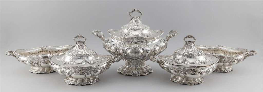 Five Gorham “Chantilly” sterling tureens brought $5,938.