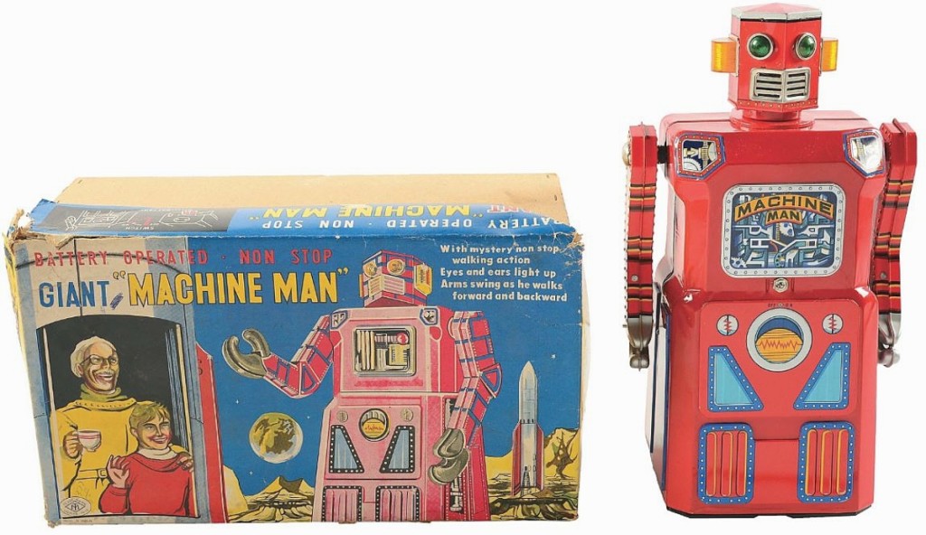 The sale’s top lot was found in this Machine Man tin litho battery-operated robot that took $159,900, an auction record for any toy robot. A gentleman from Scranton, Penn., found it in his mother’s attic while cleaning out her estate, noting he must have received it as a child but clearly did not play with it. The toy featured its original box and Tommy Sage said it was near mint, with only one small rub.