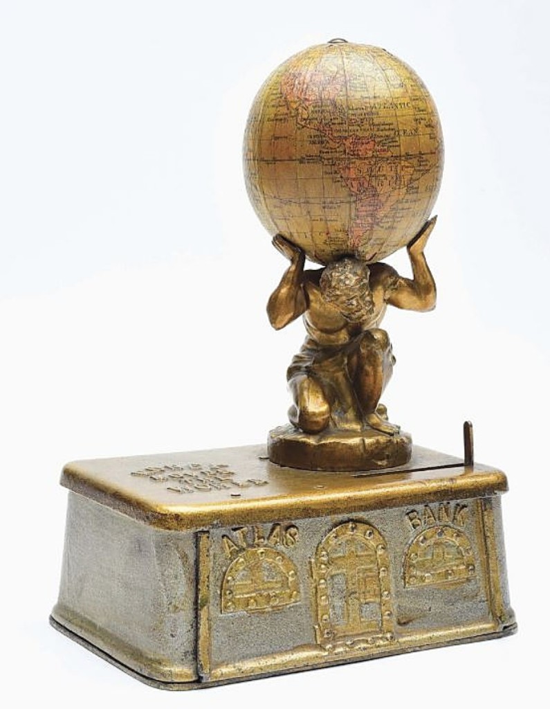 Tommy Sage said this was among the best examples of an Atlas mechanical bank known. The globe is papered and it had provenance to C.F. Hegarty. It sold for $25,200.