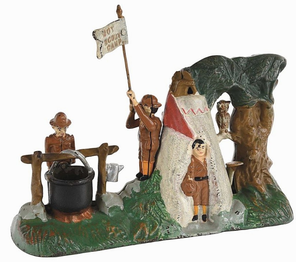 With its original flag, this Boy Scout Camp mechanical bank appeared right out of the box. Made by J&E Stevens, the bank bested its $10,000 estimate to bring $25,200.
