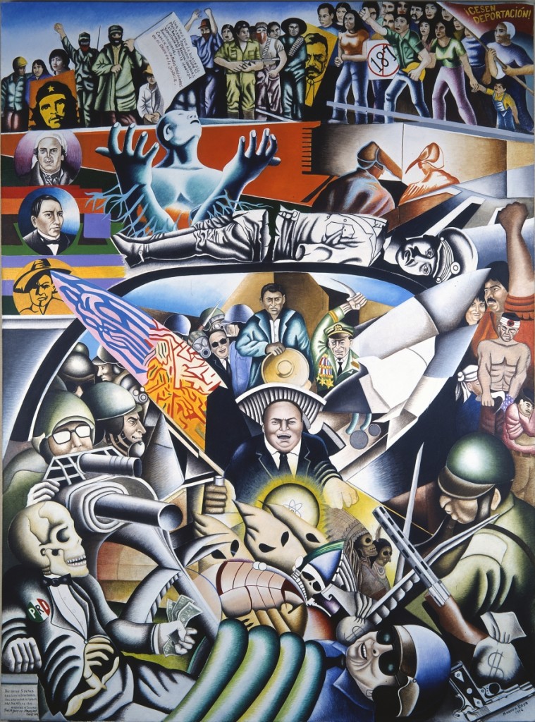 “The Legacy of Manifest Destiny / El legado del Destino Manifiesto” by Marcos Raya (b 1948, Irapuato, Guanajuato), 1995. Acrylic on canvas/acrílico sobre tela, 96 by 72 inches. National Museum of Mexican Art Permanent Collection, 2001.28. Gift of Nora Ribadeniera Carranza in honor of her family. Photo credit Kathleen Culbert-Aguilar.