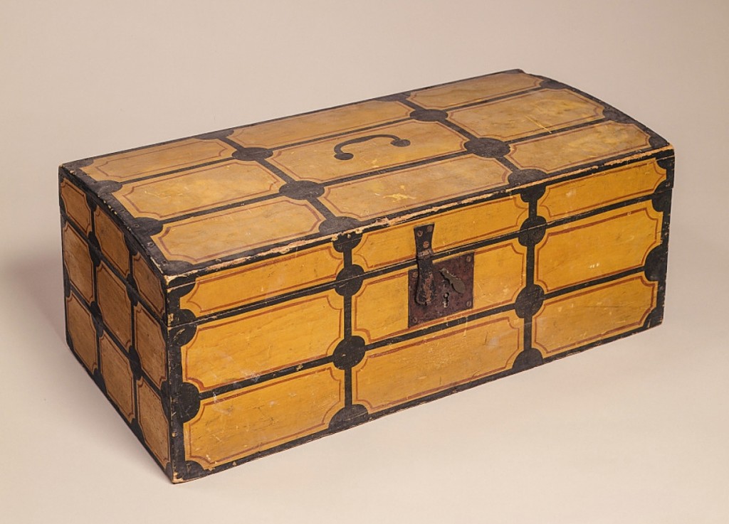 Offered from Frank and Barbara Pollack American Antiques & Art, Highland Park, Ill., was this paint-decorated box, 24 inches long, attributed to Salmon Brewster (1802-1887) of Leeds, Maine. The decoration simulates a paneled trunk and features a faux painted bale handle on the lid. Pollack called it “the best of Maine in untouched original condition,” and it is still available.