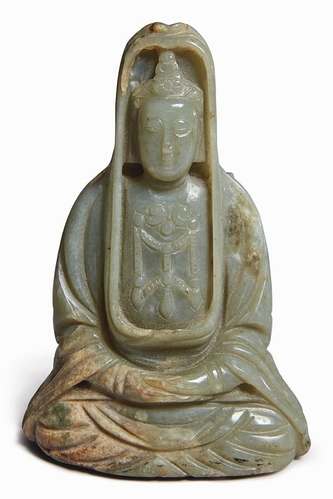 Celadon jade figure of Guanyin, Nineteenth/Twentieth Century, brought $119,700 (The Hundred Antiques).