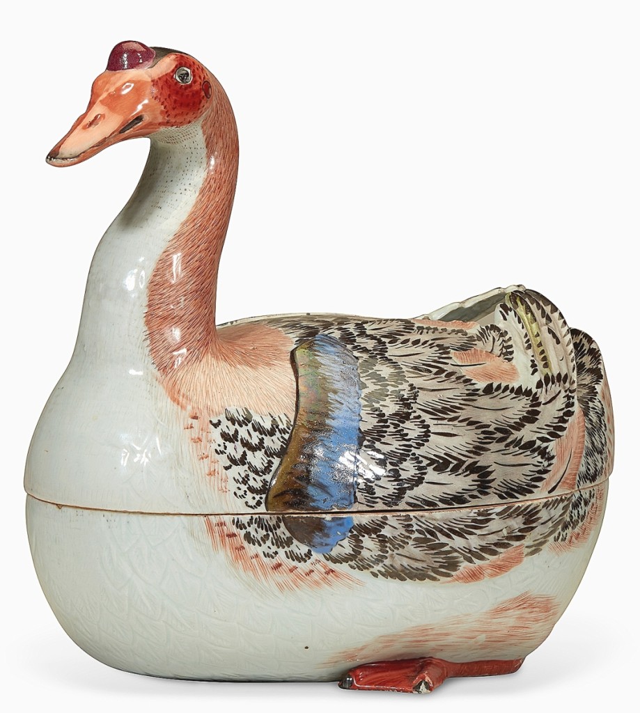 Topping the sale was this Chinese export porcelain tureen in the form of a goose, Qing dynasty, Qianlong period, circa 1760s, that brought $62,500 from an international bidder on the phone ($60/80,000).