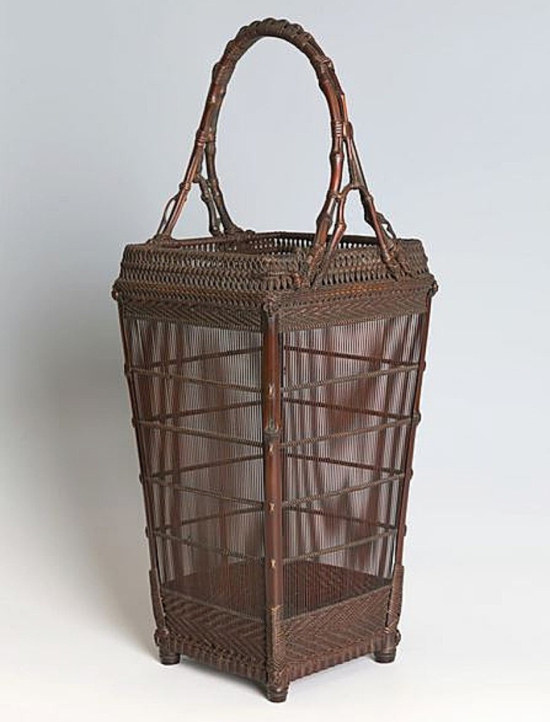 Square handled flower basket by Maeda Chikubosai I, 1940-1945. Bamboo and rattan. Offered from Thomsen Gallery, New York City.