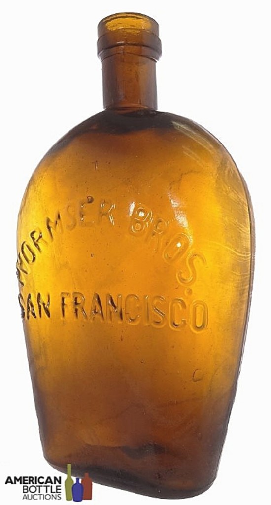 The sale was led at $19,550 for a Wormser Bros San Francisco whiskey flask with horizontal lettering and applied champagne-style top. Circa 1865, it is the oldest Western whiskey flask known.