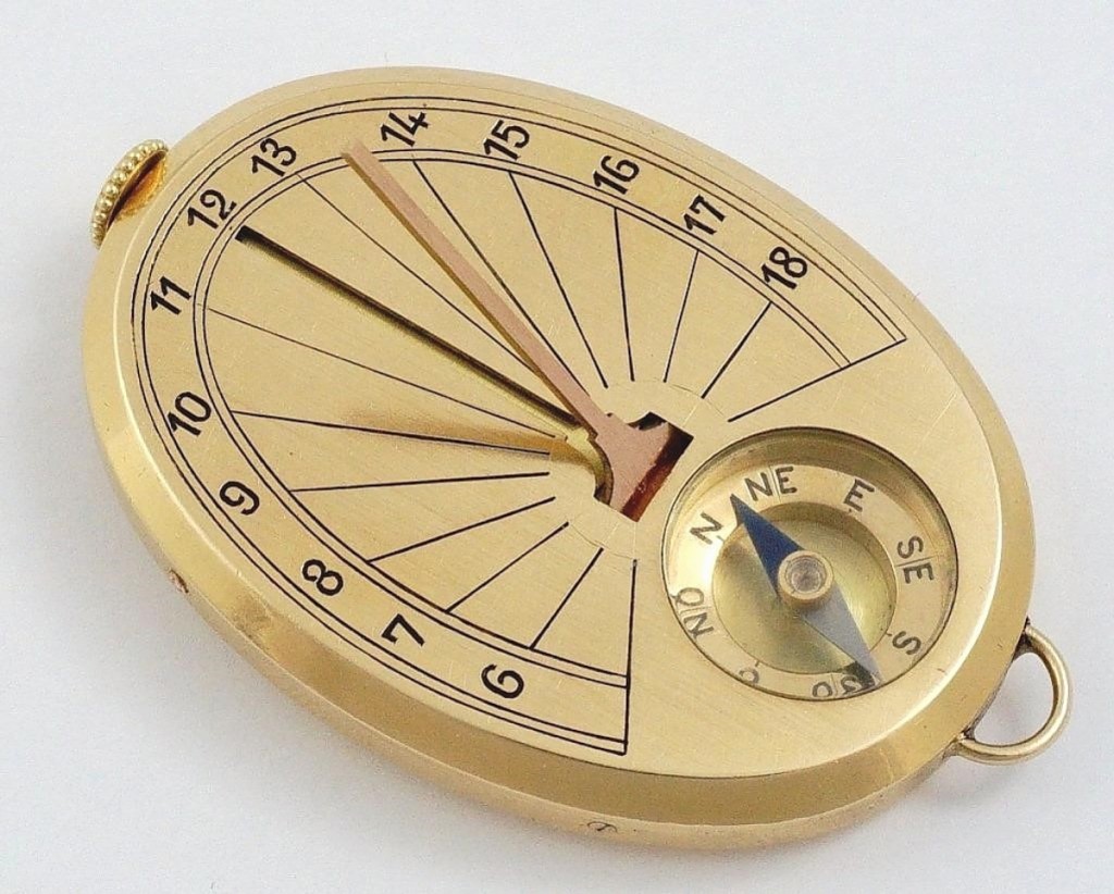 An unusual gold watch made by Cartier and apparently intended for nature lovers or hikers, this watch included a sundial to tell time in case the watch stopped and a compass to help its owner find his or her way. It sold for $8,400, and the catalog entry provides more information on these watches.