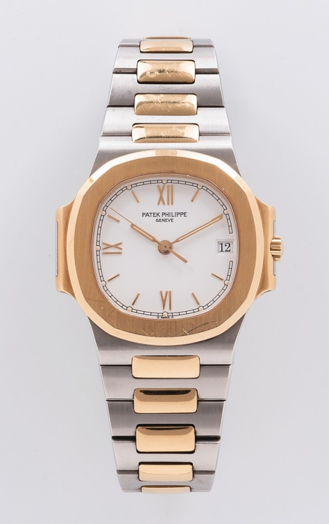 In an attractive two-tone, this 18K gold and stainless steel Patek Philippe Nautilus men’s watch sold for $23,750.