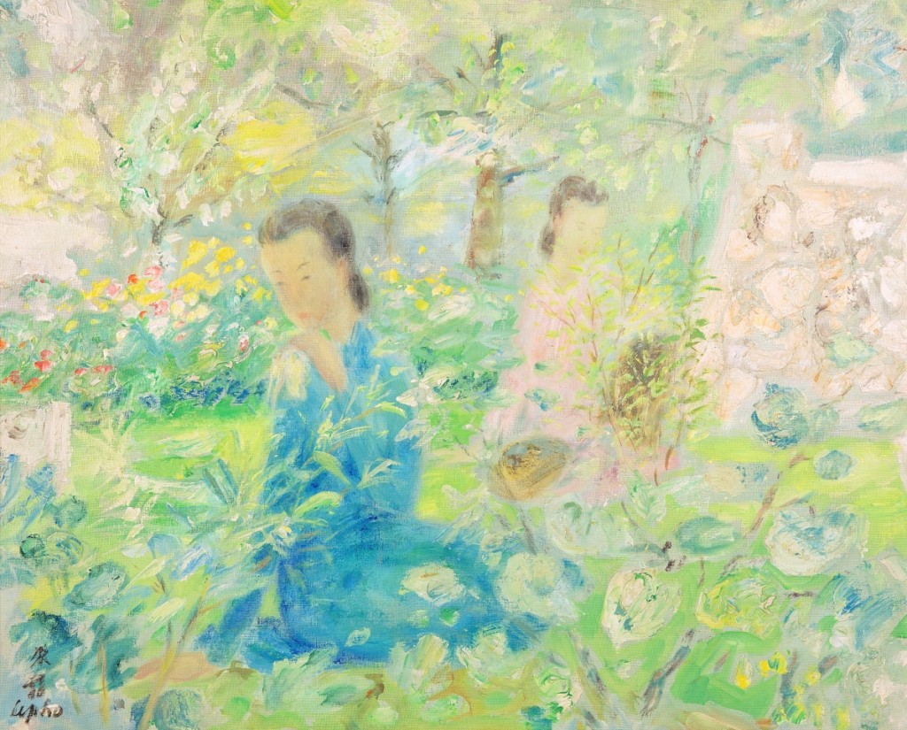 Among several paintings by Vietnamese-French painter Le Pho (1907-2001) in the sale, the top selling lot was this garden scene with two women. “Figures dans le jardin,” an oil canvas, 23-  by 28¾ inches, signed lower left, realized $68,750.