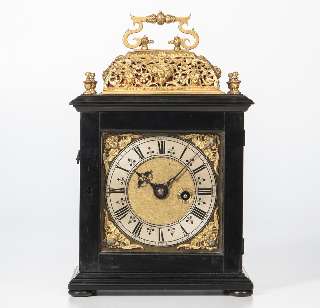 This was among the earliest clocks that Dowling had ever handled, a basket-top pull quarter-repeat ebonized timepiece by London maker Benjamin Bell. It sold for $21,250 and dated to the Seventeenth Century. He said it was a joy to open it up and a number of people came in and studied it.