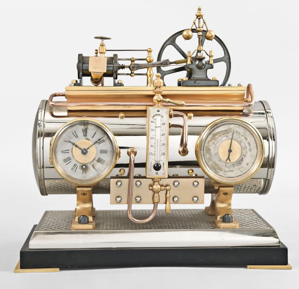 This late Nineteenth Century French industrial horizontal steam boiler and piston engine compendium is of a type of clock that has broad appeal in both the United States and in Europe, but in this case, a private collector from Connecticut was the winning bidder, taking it home for $21,600. It was underbid by a new buyer of French industrial clocks ($4/6,000).